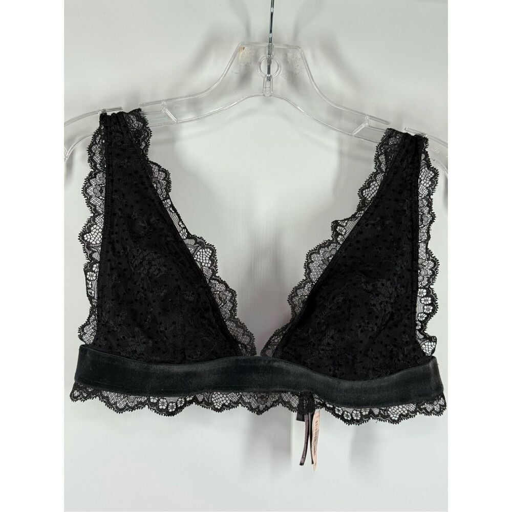 Victoria’s Secret black lace velvet trimmed unlined bralette size large NWT